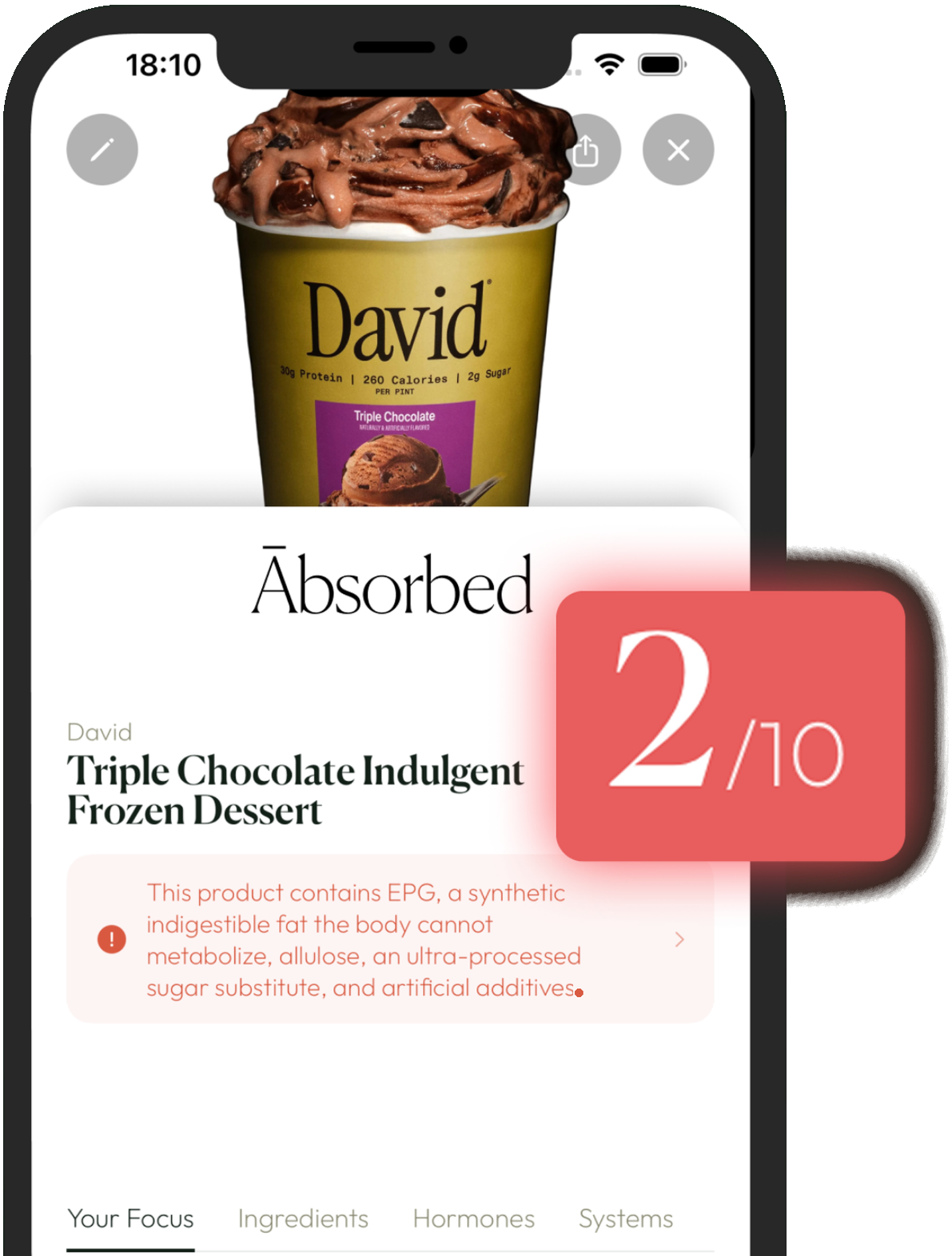 The Absorbed app scoring David Triple Chocolate Indulgent Frozen Dessert 2 out of 10, flagging EPG and allulose.